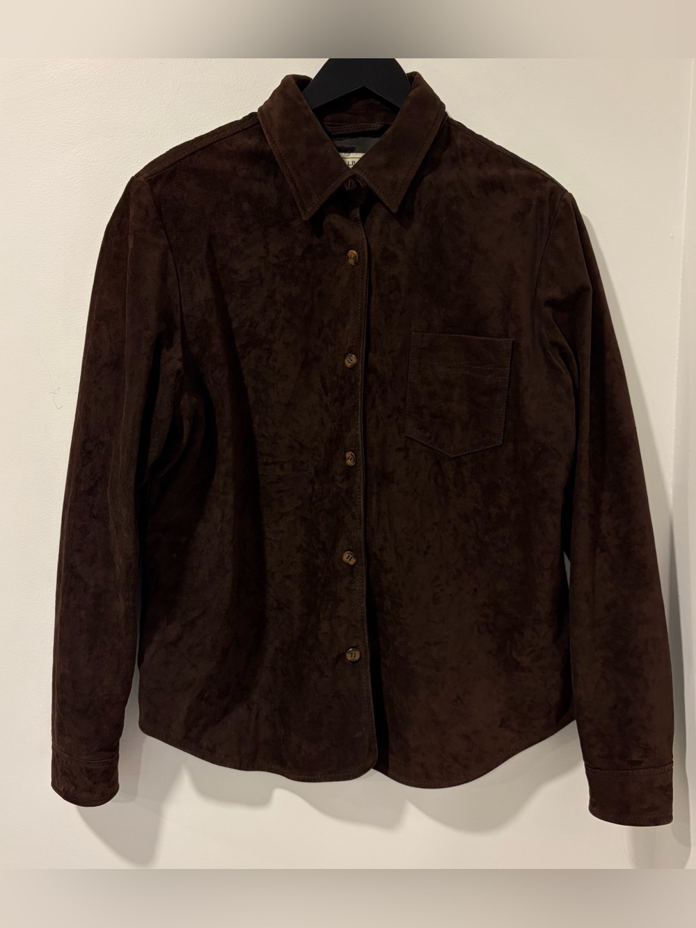 LL Bean Womens Brown Suede Leather Shirt Jacket Button Up Size L Western